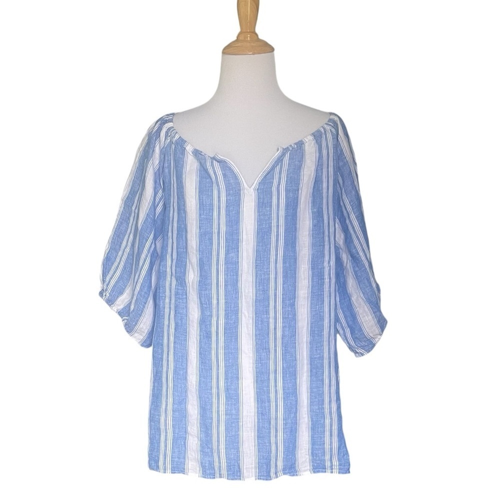 Talbots 100% Linen Striped Peasant Blouse